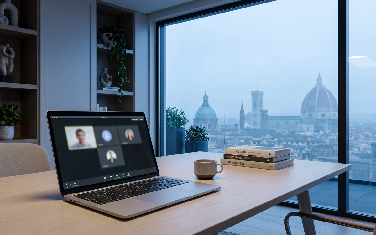Laptop z wideorozmową, za oknem obce miasto