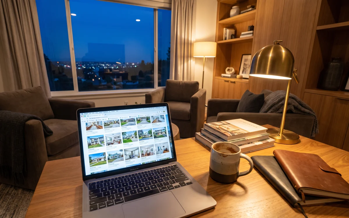 Ekran laptopa z listą ofert, obok stygnąca kawa