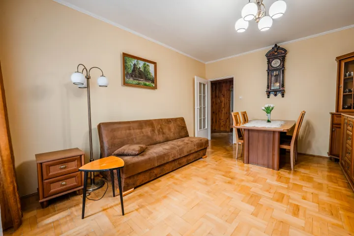 Salon z sofą, stołem i parkietem