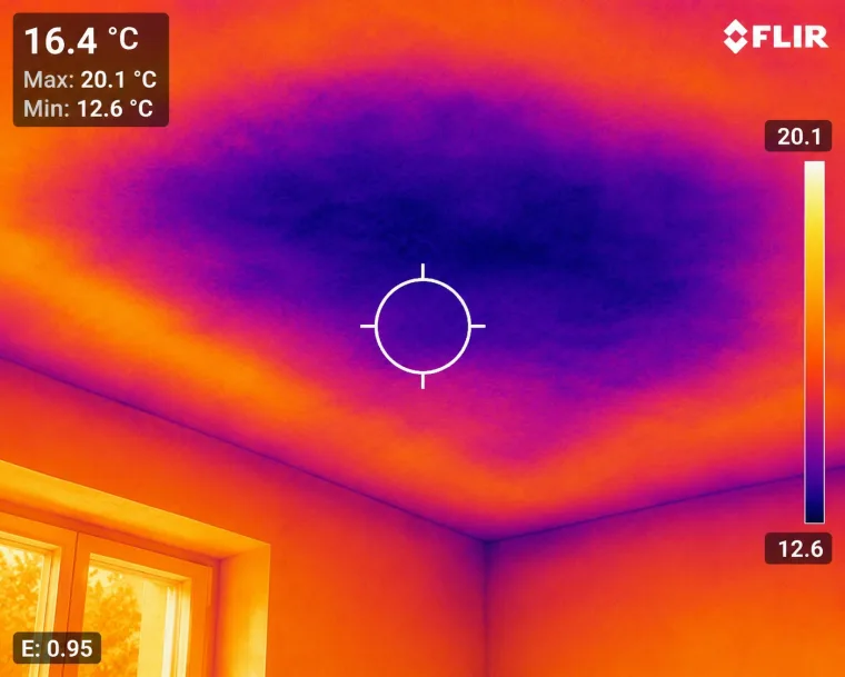 Zdjęcie z kamery termowizyjnej: wychłodzona plama na suficie przy narożniku, temperatura 16,4 stopnia przy 20,1 w pomieszczeniu